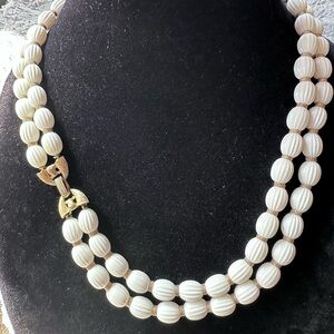 283- Crown Trifari Classic White Beaded Double-Strand Necklace 20-22”